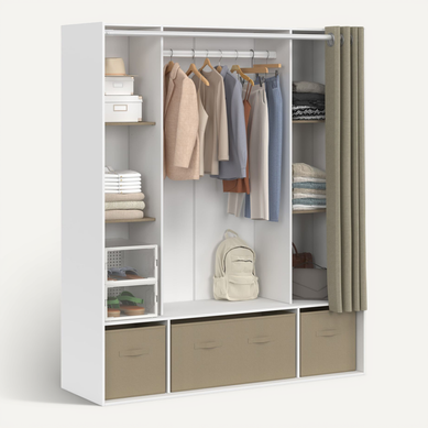 Dressing Double Penderie Diane 140 X 45 X 167 Cm Blanc Avec étagères + Boites De Rangement + Rideau Dressing Double Penderie Diane 140 X 45 X 167 Cm Blanc Avec étagères + Boites De Rangement + Rideau