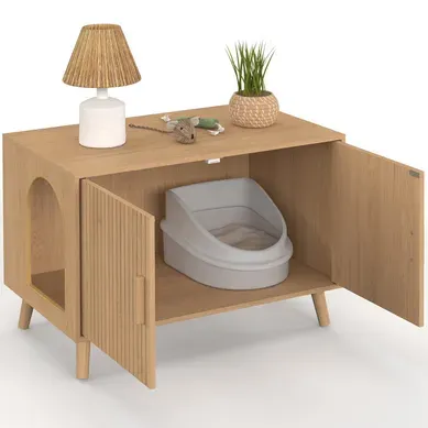 Maison De Toilette Chat Cache-litière Juliette Avec Doubles Portes Lattes Tasseau Bois Coloris Chêne