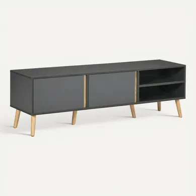 Meuble TV 2 Portes 2 Niches Design Scandinave Gris Aspect Bois Clair Meuble TV 2 Portes 2 Niches Design Scandinave Gris Aspect Bois Clair