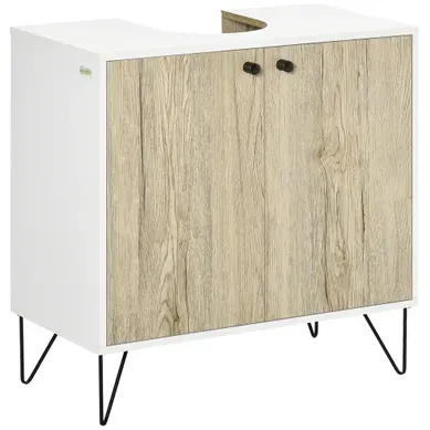 Meuble Sous-vasque 2 Portes étagère Acier Noir Aspect Bois Clair Blanc