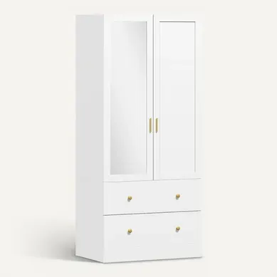 Armoire Penderie Design - Miroir, 2 Portes, 2 Tiroirs - Doré Blanc