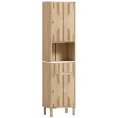 Colonne Salle De Bain Style Bois Naturel Effet Marbre Blanc Multi-rangement Colonne Salle De Bain Style Bois Naturel Effet Marbre Blanc Multi-rangement