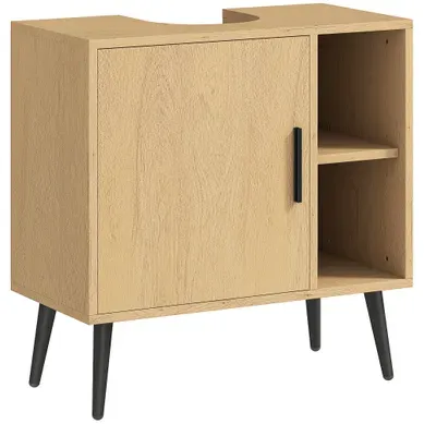 Meuble Sous Vasque Style Nordique Porte 2 Niches Métal Noir Effet Bois