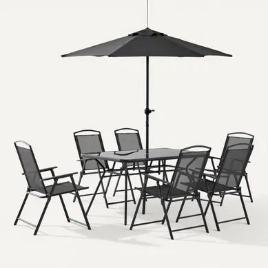 Salon De Jardin 6 Places ensemble table + 6 chaises + Parasol - Gris Salon De Jardin 6 Places ensemble table + 6 chaises + Parasol - Gris
