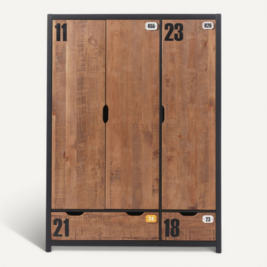 Tchad - Armoire 3 Portes 2 Tiroirs En Pin Massif Avec Motifs
