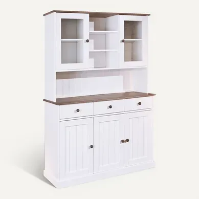 Socoa - Buffet Vaisselier 5 Portes 3 Tiroirs Bois Massif Vernis Sepia Et Blanc Socoa - Buffet Vaisselier 5 Portes 3 Tiroirs Bois Massif Vernis Sepia Et Blanc