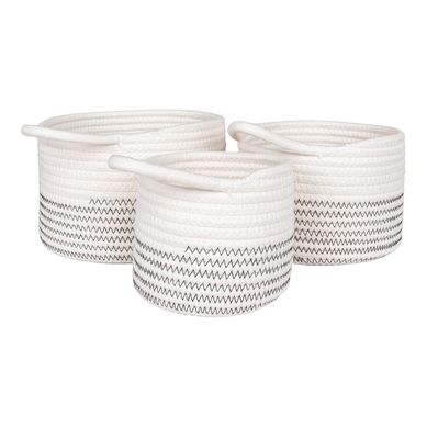 Bianca - Lot De 3 Paniers En Coton Blanc Et Avec Surpiqûres Zig-zag Et 1 Poignée Bianca - Lot De 3 Paniers En Coton Blanc Et Avec Surpiqûres Zig-zag Et 1 Poignée