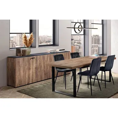 Gless - Ensemble Séjour Buffet Et Table 200cm Aspect Bois Finition Denver Piètement U Métal Noir Gless - Ensemble Séjour Buffet Et Table 200cm Aspect Bois Finition Denver Piètement U Métal Noir