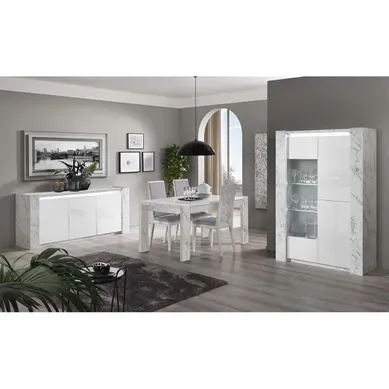 Prava - Ensemble Séjour Complet Blanc Et Effet Marbre Table 160cm + Buffet Et Vitrine Avec LEDs Prava - Ensemble Séjour Complet Blanc Et Effet Marbre Table 160cm + Buffet Et Vitrine Avec LEDs