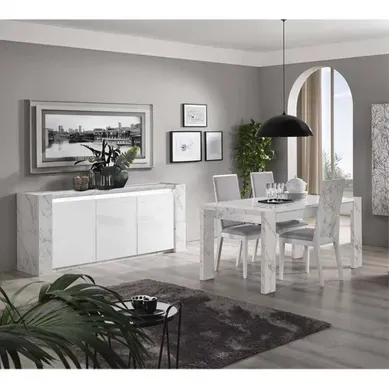 Prava - Ensemble Séjour Blanc Et Effet Marbre Table 190cm + Buffet Avec LEDs Prava - Ensemble Séjour Blanc Et Effet Marbre Table 190cm + Buffet Avec LEDs