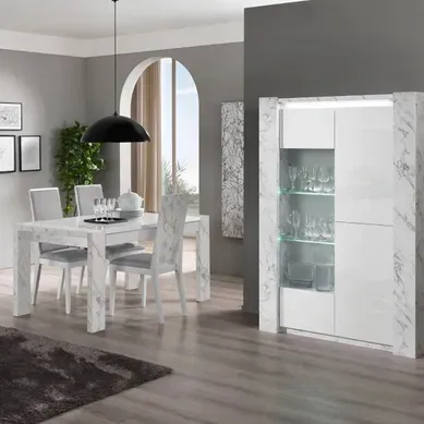 Prava - Ensemble Séjour Blanc Et Effet Marbre Table 190cm + Vitrine Avec LEDs Prava - Ensemble Séjour Blanc Et Effet Marbre Table 190cm + Vitrine Avec LEDs