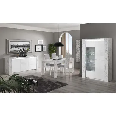 Prava - Ensemble Séjour Complet Blanc Et Effet Marbre Table 190cm + Buffet Et Vitrine Avec LEDs Prava - Ensemble Séjour Complet Blanc Et Effet Marbre Table 190cm + Buffet Et Vitrine Avec LEDs