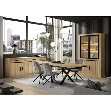 Lorenzo - Séjour Complet Table Allongeable Aspect Bois Chêne Clair Piètement Métal X Lorenzo - Séjour Complet Table Allongeable Aspect Bois Chêne Clair Piètement Métal X