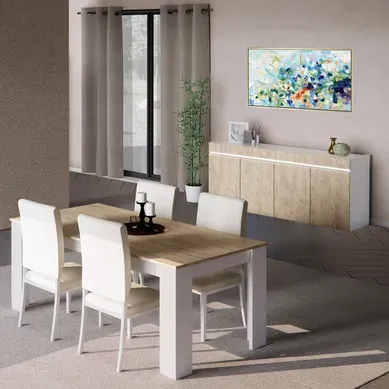 Chris Oak - Séjour Table + Buffet Laqué Blanc Brillant Aspect Bois Chris Oak - Séjour Table + Buffet Laqué Blanc Brillant Aspect Bois