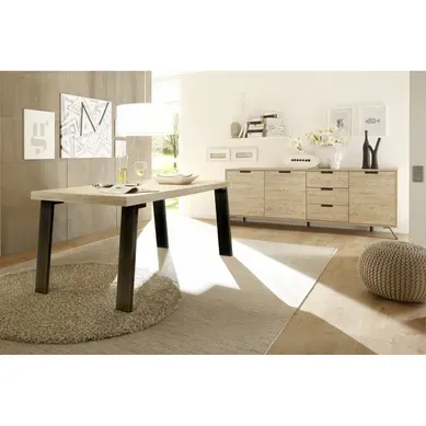 Palamo - Ensemble Séjour Buffet 3 Portes 3 Tiroirs Aspect Bois Pieds Métal Gris Foncé Palamo - Ensemble Séjour Buffet 3 Portes 3 Tiroirs Aspect Bois Pieds Métal Gris Foncé