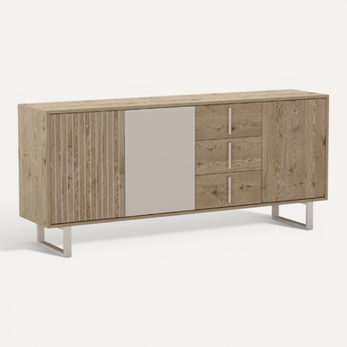 Buffet 3 Portes 3 Tiroirs En Mélaminé Imitation Bois Et Beige Piètement Et Poignées Métal - Myrine Buffet 3 Portes 3 Tiroirs En Mélaminé Imitation Bois Et Beige Piètement Et Poignées Métal - Myrine