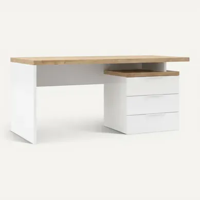 Bureau 160cm Avec Rangements Blanc Laqué Brillant Plateau Aspect Bois Finition Cadiz - Genius