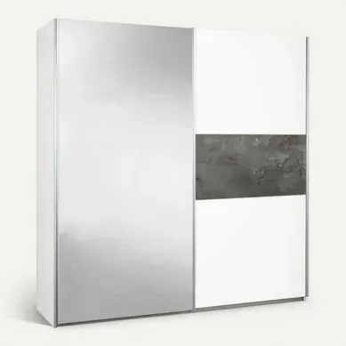 Armoire 2 Portes Coulissantes Blanc Laqué Avec Décor Gris Oxyde Et 1 Porte Miroir - Mariane