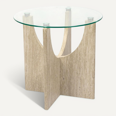 Table D'appoint D.45cm Plateau Verre Et Piétement En Mdf Aspect Travertin - Vertina Table D'appoint D.45cm Plateau Verre Et Piétement En Mdf Aspect Travertin - Vertina