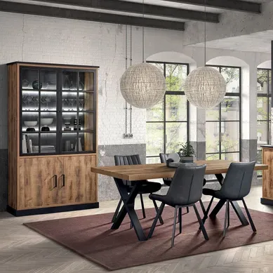 Jenna - Ensemble Table 230cm + Vitrine 4 Portes Aspect Bois Et Métal Jenna - Ensemble Table 230cm + Vitrine 4 Portes Aspect Bois Et Métal