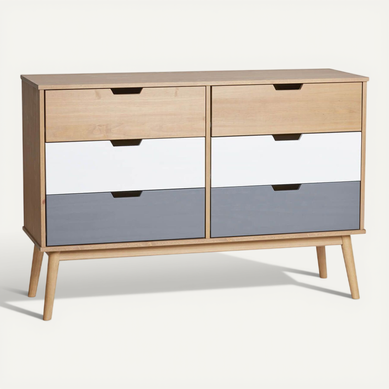 Maras - Commode 6 Tiroirs Bois Massif, Blanc Et Gris Maras - Commode 6 Tiroirs Bois Massif, Blanc Et Gris