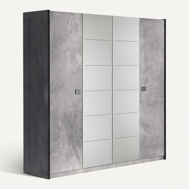 Hyde - Armoire 4 Portes Avec Miroir Gris Effet Pierre