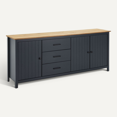 Tina - Buffet Bas 3 Portes 3 Tiroirs Bois Ciré Et Bleu Pétrole