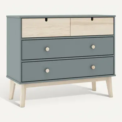 Kaina - Commode 4 Tiroirs Mdf Et Pin Coloris Gris Vert Et Naturel Kaina - Commode 4 Tiroirs Mdf Et Pin Coloris Gris Vert Et Naturel