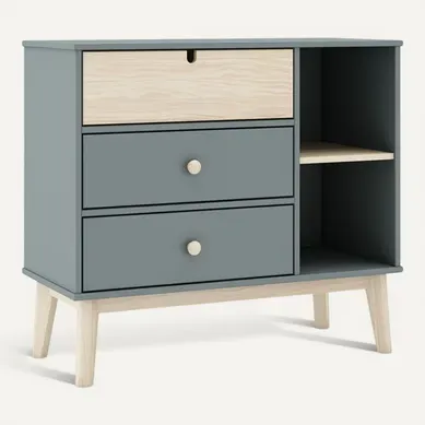 Kaina - Commode 3 Tiroirs 2 Niches Mdf Et Pin Coloris Gris Vert Et Naturel Kaina - Commode 3 Tiroirs 2 Niches Mdf Et Pin Coloris Gris Vert Et Naturel