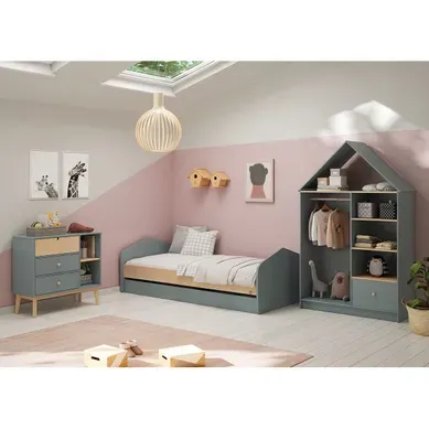 Kaina - Chambre 90x200cm Avec Commode 3t Et Dressing Cabane Coloris Gris Et Naturel Kaina - Chambre 90x200cm Avec Commode 3t Et Dressing Cabane Coloris Gris Et Naturel