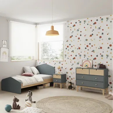 Kaina - Pack Lit 90x190cm + Chevet 2 Tiroirs + Commode 4t Coloris Gris Et Naturel Kaina - Pack Lit 90x190cm + Chevet 2 Tiroirs + Commode 4t Coloris Gris Et Naturel