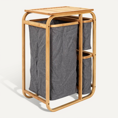 Lazen - Rangement À 3 Panières En Bambou Et Tissu Gris Lazen - Rangement À 3 Panières En Bambou Et Tissu Gris