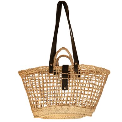 Sac Panier En Fibre De Palmier Et Anses Cuir Noir - 55x25 Cm - Naturel Sac Panier En Fibre De Palmier Et Anses Cuir Noir - 55x25 Cm - Naturel