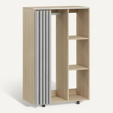 Armoire Penderie Waldwyn Sur Roulettes 3 Compartiments Rideaux Naturel
