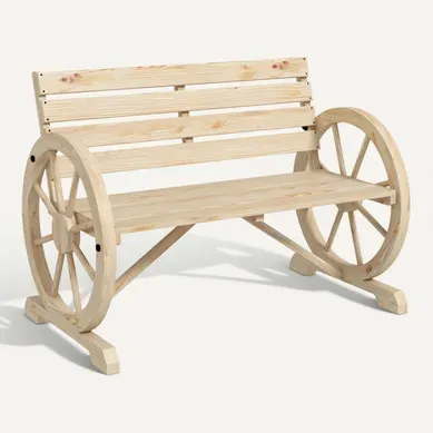 Banc Hildegard Style Charette Rustique Chic 3 Places Bois Naturel Roues Accoudoirs