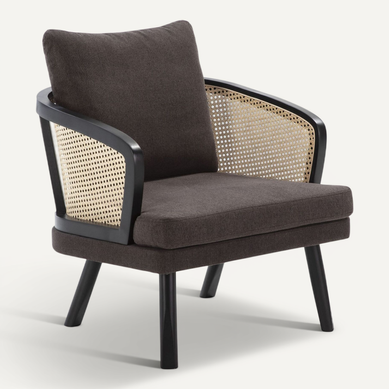 Fauteuil Bois Noir Tissu Rotin Naturel 75x80x86 Fauteuil Bois Noir Tissu Rotin Naturel 75x80x86