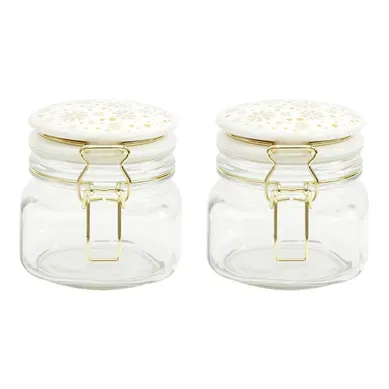 Lot De 2 Bocaux En Verre "flocon" 13cm Blanc et Doré