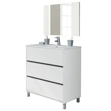 Meuble Vasque Avec Miroir Coloris Blanc Brillant - H. 90 X L. 81.5 X P. 46.5 Cm Meuble Vasque Avec Miroir Coloris Blanc Brillant - H. 90 X L. 81.5 X P. 46.5 Cm