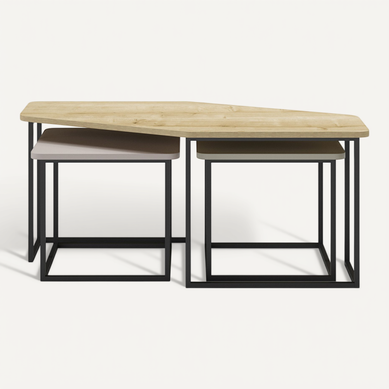 Set De 3 Tables Basses, Tables De Salon Aspect Bois Coloris Chêne, Crème, Vert Et Pieds En Métal
