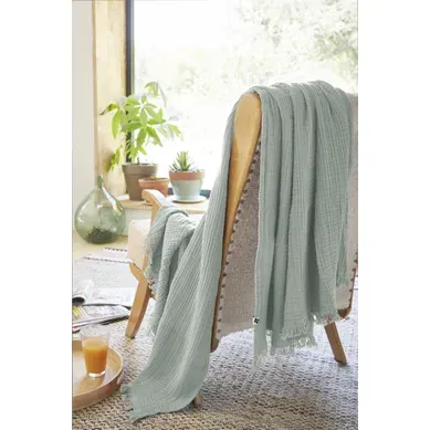 Plaid À Franges 130 X 160 Cm – Double Gaze De Coton – Gaïa Eucalyptus Plaid À Franges 130 X 160 Cm – Double Gaze De Coton – Gaïa Eucalyptus
