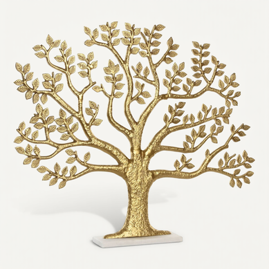 Arbre Décoratif Doré En Aluminium Sur Base Marbre Blanc