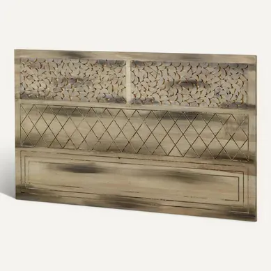 Tête De Lit Bois D'orme Naturel Sculpté Finition Greywash