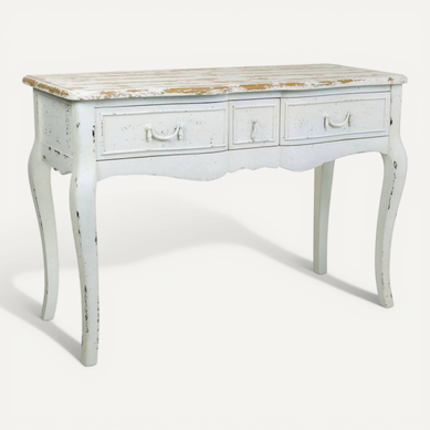 Console élégante Trois Tiroirs Finition Blanc Antique Console élégante Trois Tiroirs Finition Blanc Antique