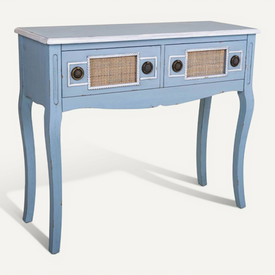 Console D'entrée Bleue En Bois Et Rotin Ambiance Naturelle Console D'entrée Bleue En Bois Et Rotin Ambiance Naturelle