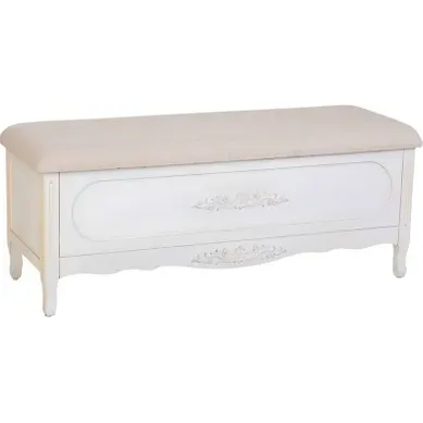 Banc Bois Blanc Patiné Assise Tissu Avec Rangement élégant Banc Bois Blanc Patiné Assise Tissu Avec Rangement élégant