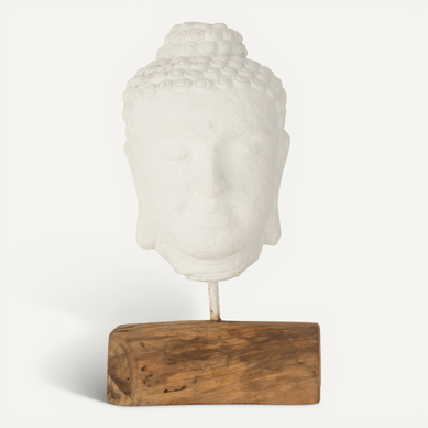 Sculpture Tête Bouddha En Bois Teck Et Ciment Blanc Naturel