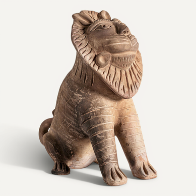 Statue Lion Décoratif Oriental En Terre Cuite Marron Vieilli
