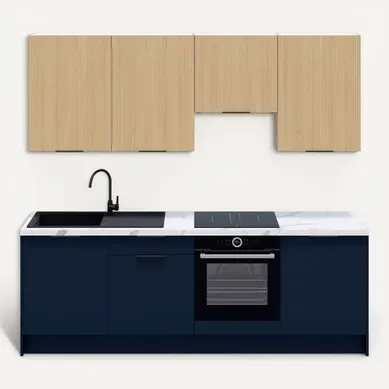 Ensemble De 8 Meubles De Cuisine - L. 245 Cm - Bleu Marine Et Chêne Clair Cannelé - Luzia Mix Ensemble De 8 Meubles De Cuisine - L. 245 Cm - Bleu Marine Et Chêne Clair Cannelé - Luzia Mix