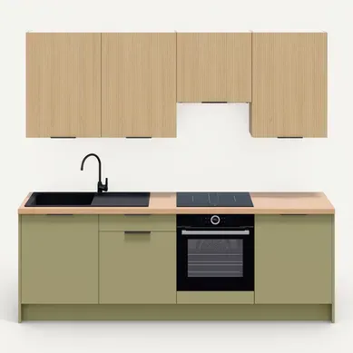 Ensemble De 8 Meubles De Cuisine - L. 245 Cm - Vert Olive Et Chêne Clair Cannelé - Luzia Mix Ensemble De 8 Meubles De Cuisine - L. 245 Cm - Vert Olive Et Chêne Clair Cannelé - Luzia Mix