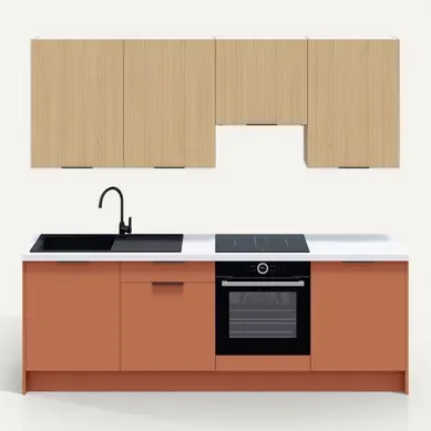 Ensemble De 8 Meubles De Cuisine - L. 245 Cm - Terracotta Et Chêne Clair Cannelé - Luzia Mix Ensemble De 8 Meubles De Cuisine - L. 245 Cm - Terracotta Et Chêne Clair Cannelé - Luzia Mix